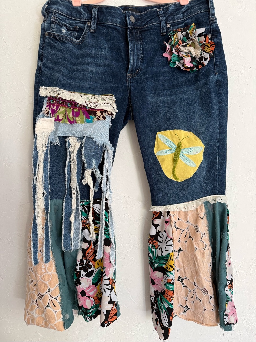 Artisan Upcycled Scrappy Denim Boho Jeans Size 32 - Picture 2 of 16